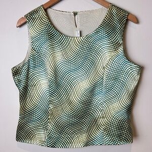 Vintage 90’s/Y2K Green Sleeveless Satin Wave-Print Top with Hidden Back Zipper